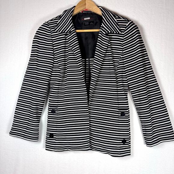 NINA MCLEMORE Open Front Long Sleeve Blazer Striped Black White Size 4 Women